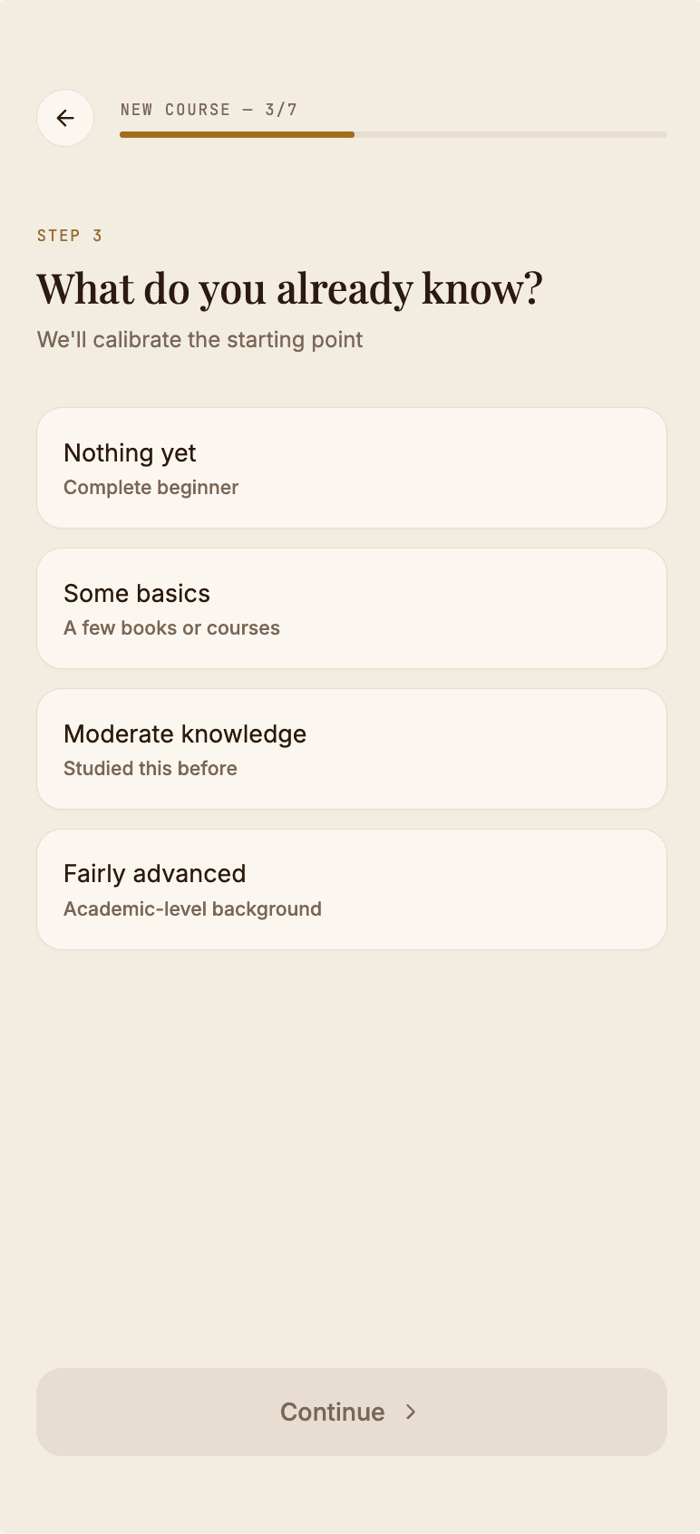 Course setup — guided preferences and review step