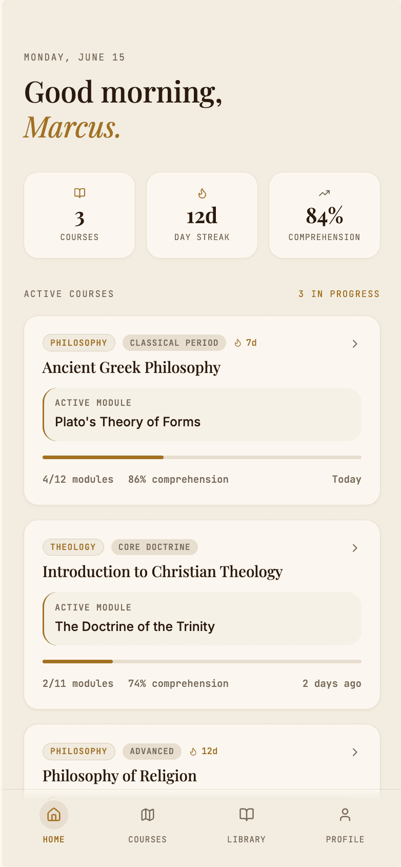 Home dashboard — active courses, study streak, and continue actions