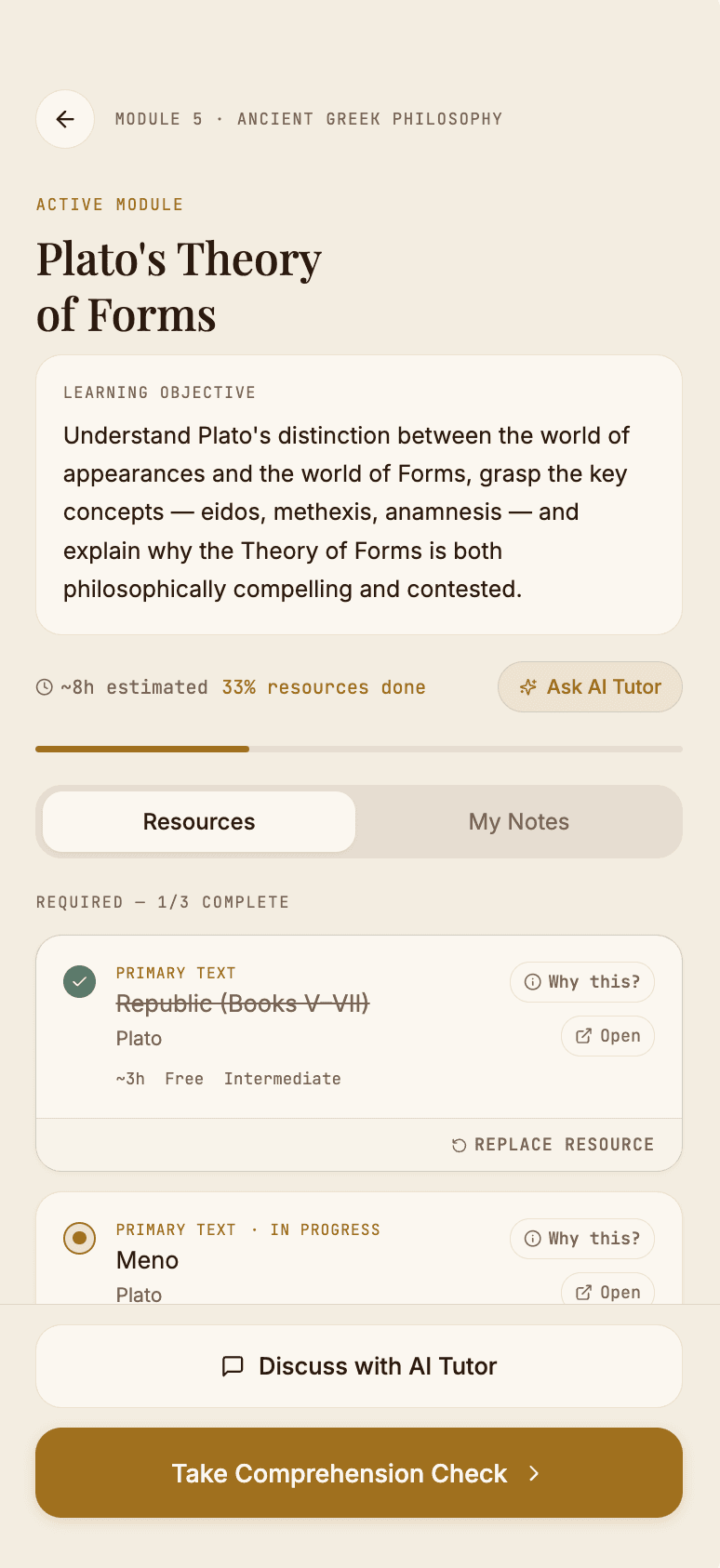 Module detail — resources, progress, and learning objective